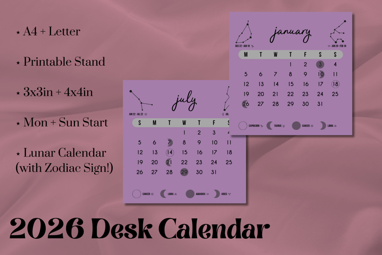 2026 Printable Desk Calendar - Zodiac | Lilac