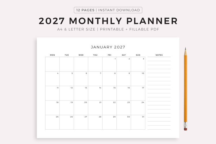 2027 Monthly Planner Landscape, Dated Month on 1 Page