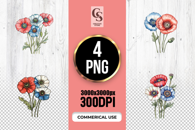 Patriotic Poppy Flowers Clipart Sublimation PNG