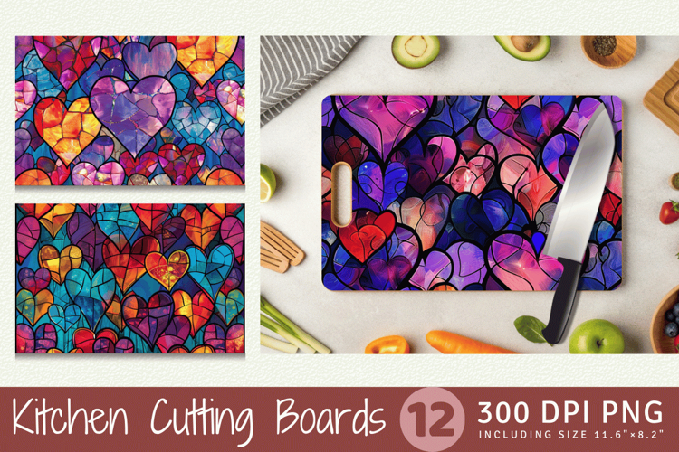 Stained Glass Hearts Cutting Boards sublimation Design