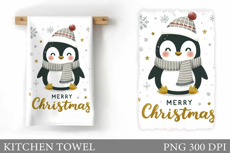 Cute Penguin Kitchen Towel. Christmas Kitchen Towel Design