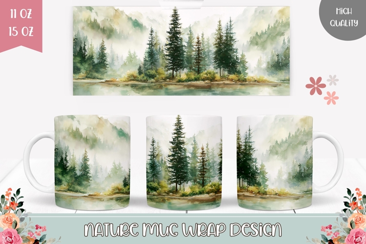 Watercolor Lake Mug Design, Forest Mug Template