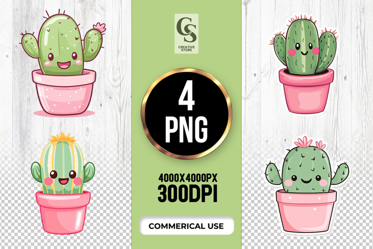 Cute Kawaii Cactus in Pink Pot Clipart Sublimation PNG example image 1