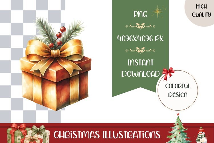 Cartoon Christmas Present Illustration, Gold Christmas PNG example image 1