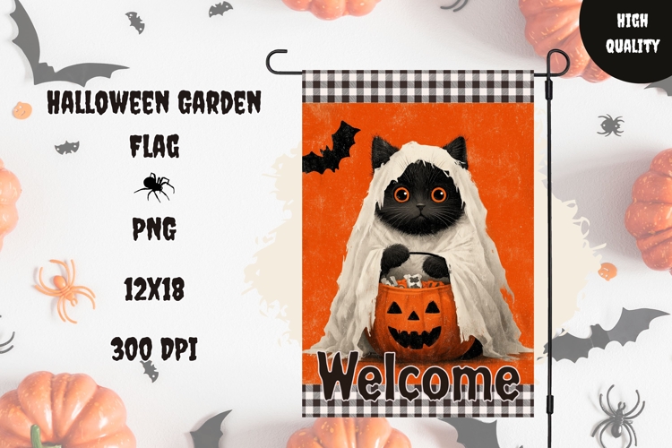 Cartoon Halloween Cat Garden Flag, Welcome Garden Flag Print example image 1