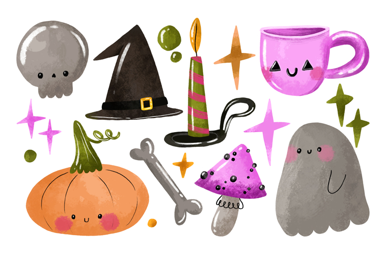 Halloween Cartoon Clipart. Autumn Set Hand Drawn Watercolor