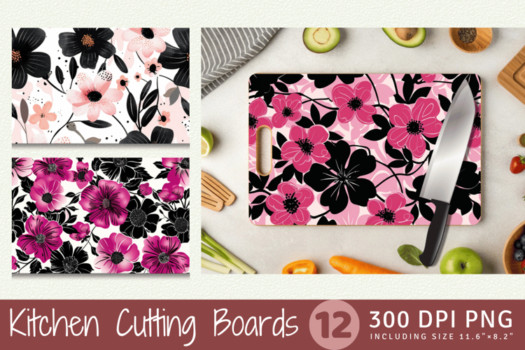 Pink & Black Flowers Cutting Boards sublimation Design