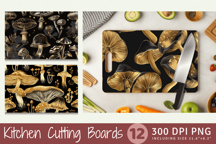 Black Gold Mushrooms Cutting Boards sublimation Design