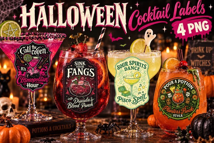Halloween Cocktail Labels PNG, Spooky Vampire Drinks example image 1