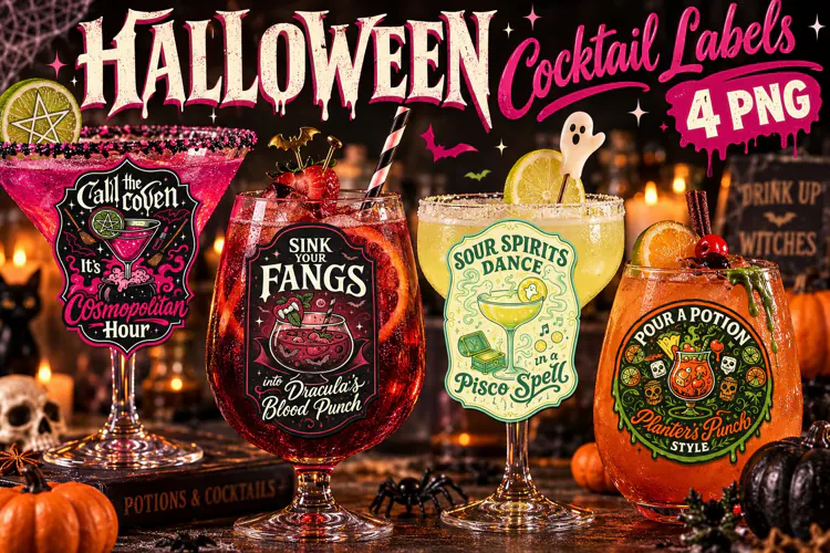 Halloween Cocktail Labels PNG, Spooky Vampire Drinks
