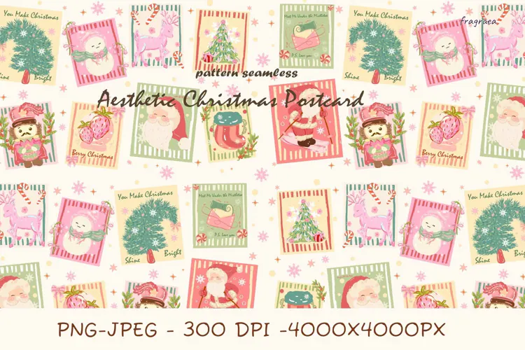 Christmas Postcard Pattern, Vintage Holiday Seamless
