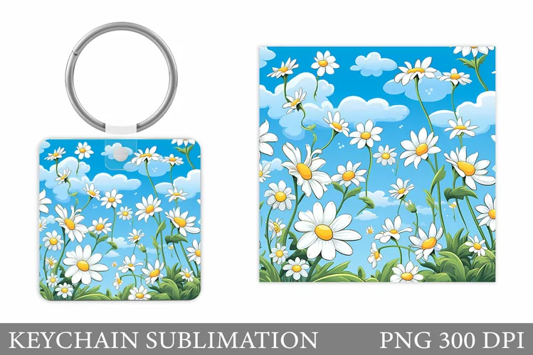 Daisy Flowers Keychain. Square Keychain Flowers Sublimation