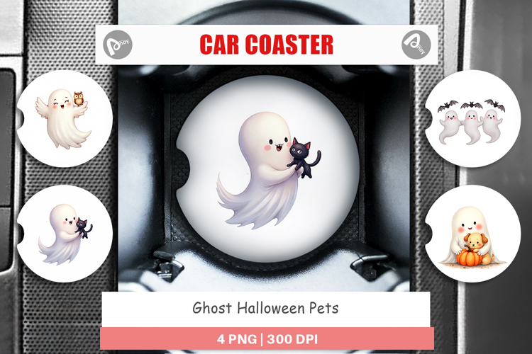 Car Coaster Watercolor Ghost Halloween Pets