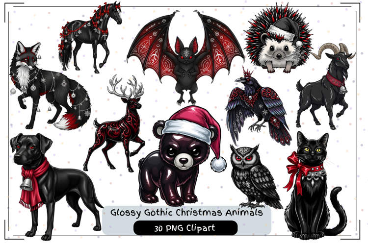 Glossy Gothic Christmas Animals Clipart Bundle