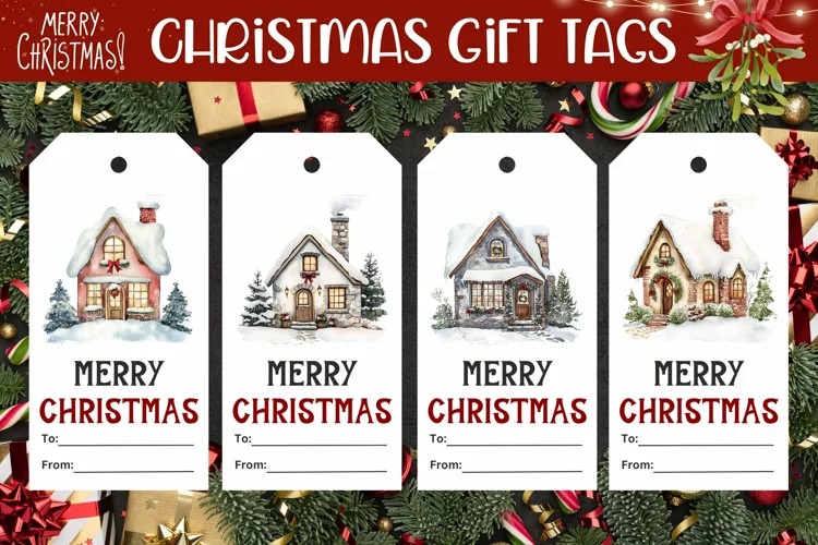 Christmas House Gift Tags, Watercolor Christmas Gift Tag PNG
