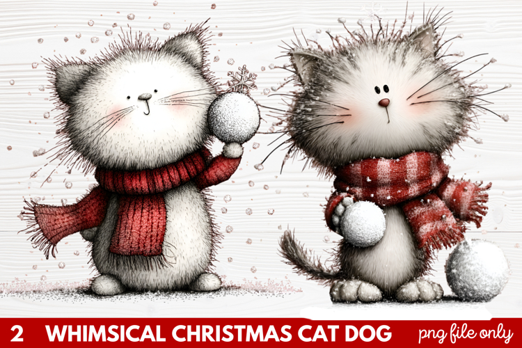 2 Whimsical Christmas Cat   Dog Clipart | Cute Holiday Pet