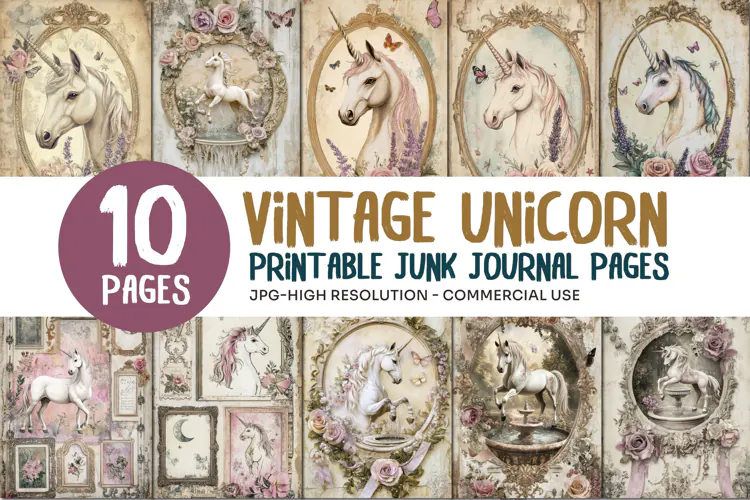 Vintage Unicorn Junk Journal Pages