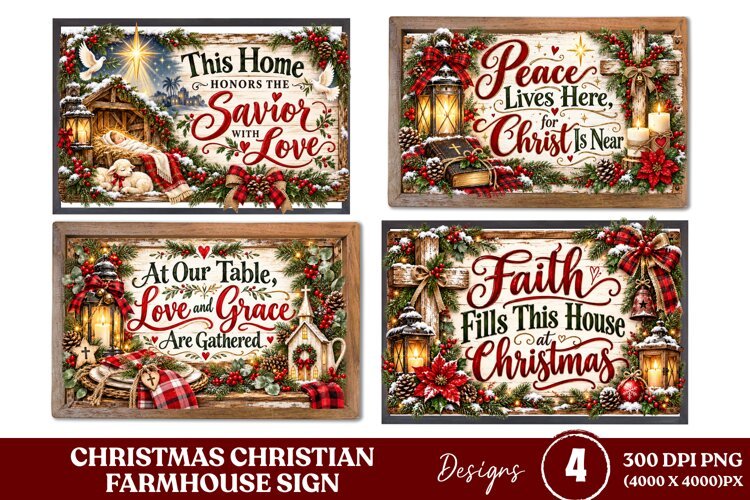 4 Christian Christmas Farmhouse Sign PNGs, 4 Rustic Christma example image 1