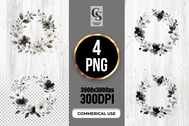 Black White Floral Circle Wreath Watercolor Clipart PNG