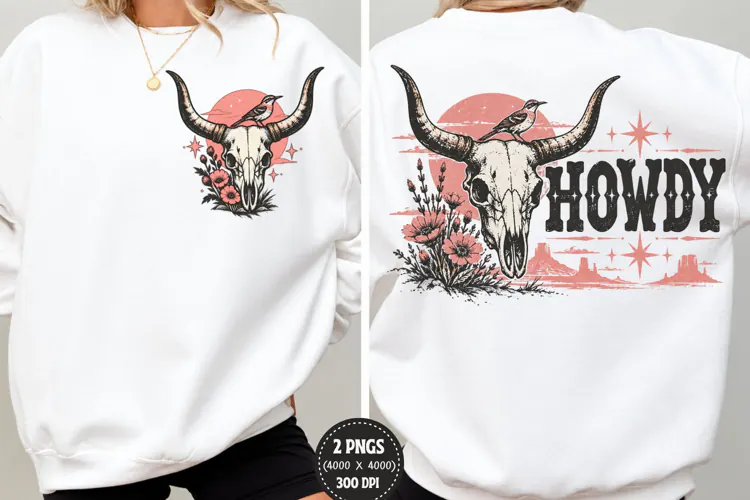 Howdy Front Back Western Shirt PNG, Longhorn Skull Front Bac