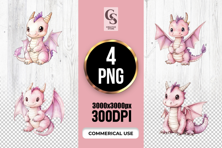 Cute Pink Dragon Watercolor Clipart Sublimation PNG