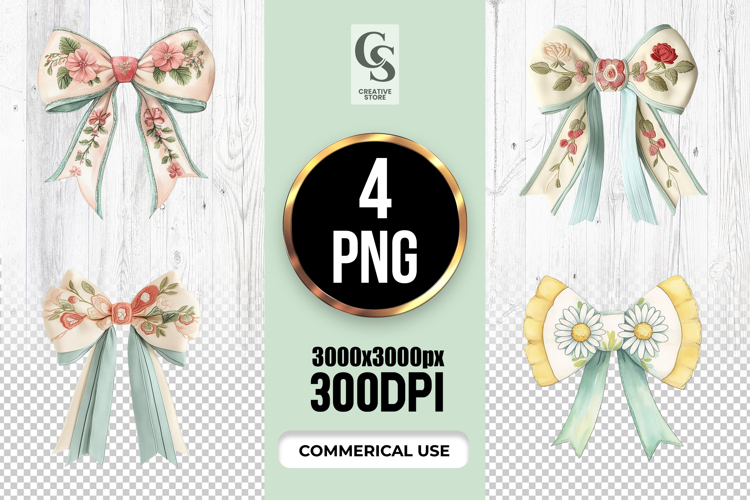 Vintage Floral Ribbon Bow Watercolor Clipart Sublimation PNG