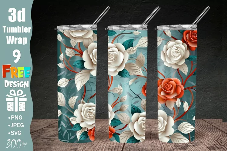 3D Floral Tumbler Wrap, 3D Roses Floral 20oz Skinny Tumbler