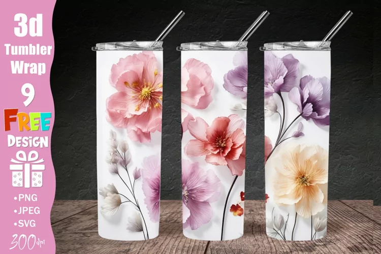3D White Pink Flowers 20 oz Skinny Tumbler Sublimation