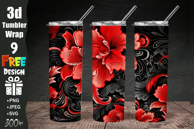 3D Red Black Flowers 20 oz Skinny Tumbler