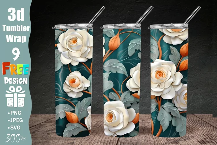 3D Floral Tumbler Wrap, 3D Roses Floral 20oz Skinny Tumbler
