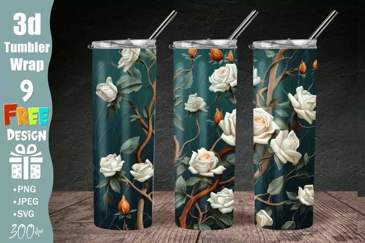 3D Floral Tumbler Wrap, 3D Roses Floral 20oz Skinny Tumbler