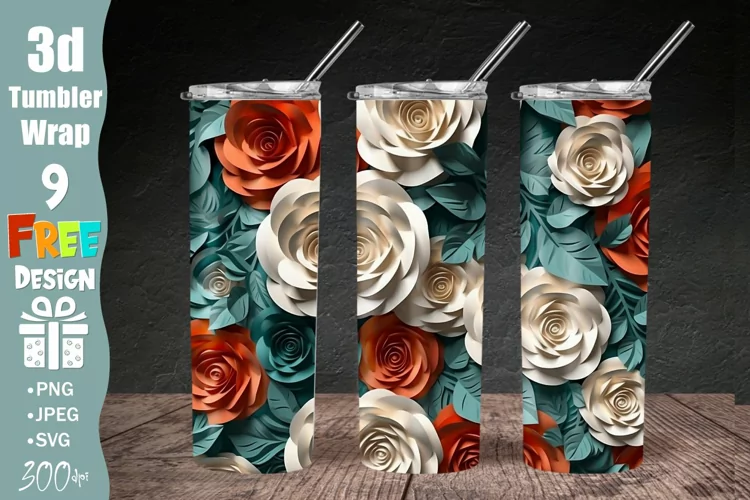 3D Floral Tumbler Wrap, 3D Roses Floral 20oz Skinny Tumbler