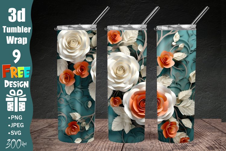 3D Beautiful Roses 20 oz Skinny Tumbler Sublimation Design