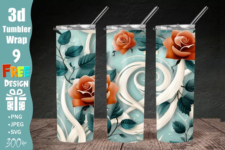 3D Beautiful Roses 20 oz Skinny Tumbler Sublimation Design