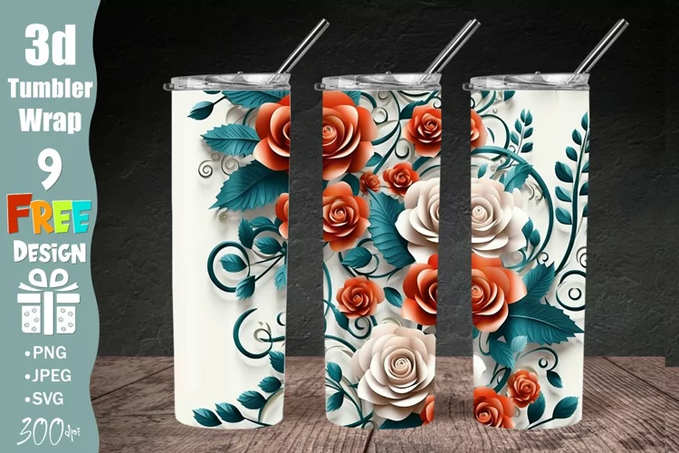 3D Floral Tumbler Wrap, 3D Flowers 20 oz Skinny Tumbler