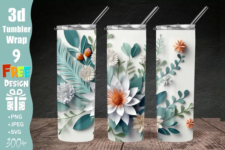 3D Floral Tumbler Wrap, 3D Flowers 20 oz Skinny Tumbler