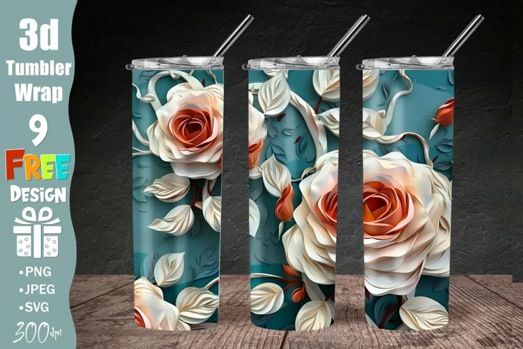 3D Floral Tumbler Wrap, 3D Roses Floral 20oz Skinny Tumbler