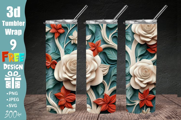 3D Beautiful Roses 20 oz Skinny Tumbler Sublimation Design