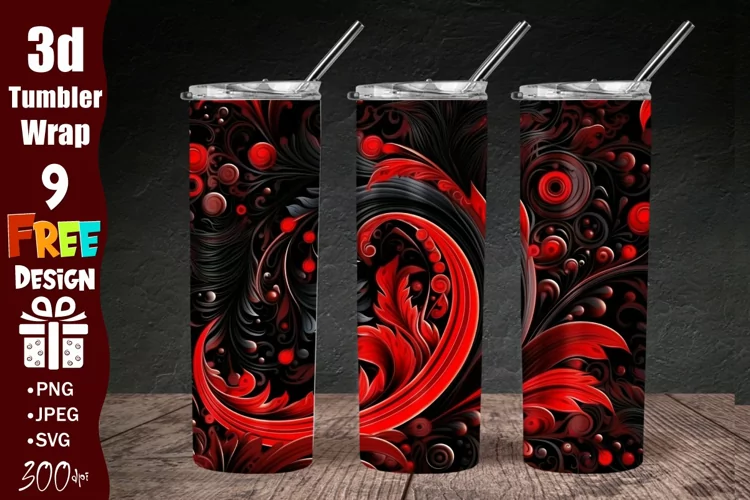 3D Red Black Flowers 20 oz Skinny Tumbler, 3d Floral wrap