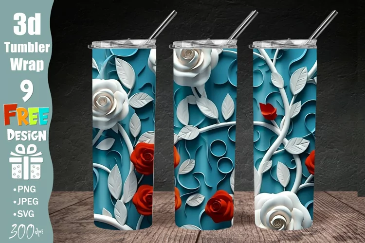 3D Floral Tumbler Wrap, 3D Roses Floral 20oz Skinny Tumbler