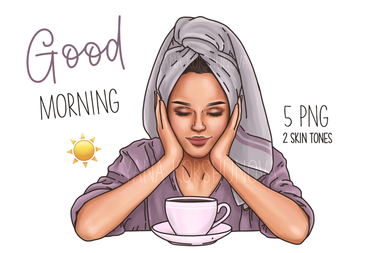 Morning girl clipart, coffee png, good morning illustration