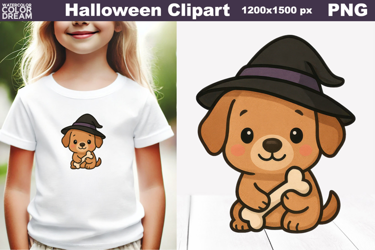 Cute Halloween Dog Clipart | Puppy with Witch Hat PNG