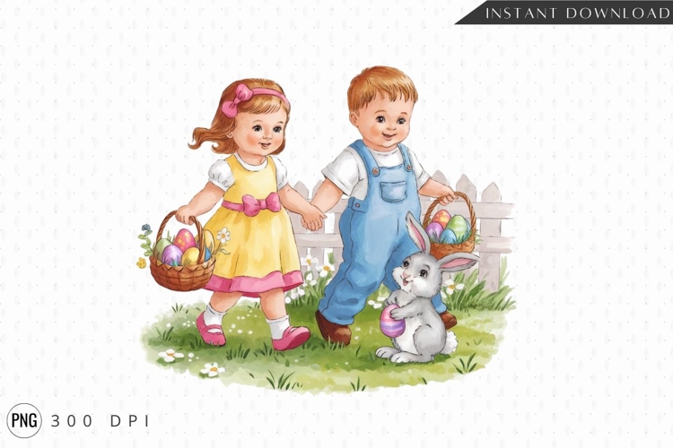 Easter Kids With Bunny And Easter Eggs PNG
