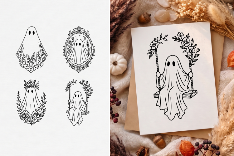 Cottagecore Ghost SVG, Floral Halloween Clipart, Line Art