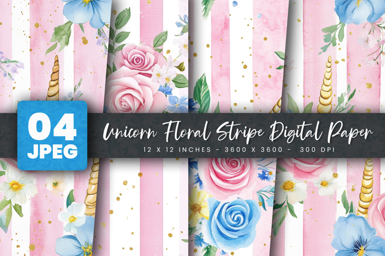 Unicorn Floral Stripe Digital Paper