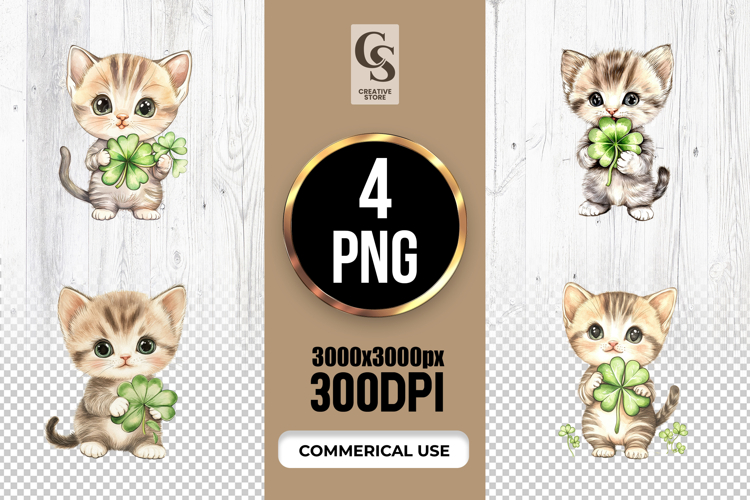 Cute Kitten Lucky Clover Clipart Sublimation PNG