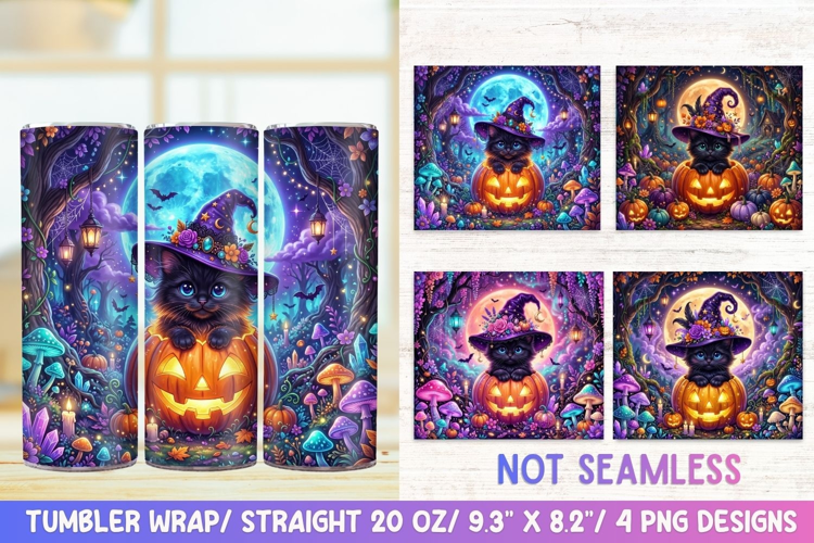 Halloween Witch Cat 20 OZ Skinny Tumbler Wrap Png.