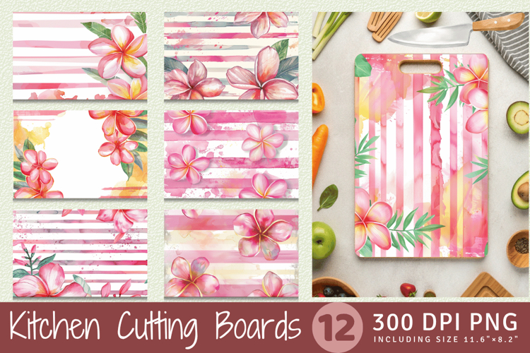 Watercolor Pink Plumeria & Stripes Cutting Boards sublimatio example image 1