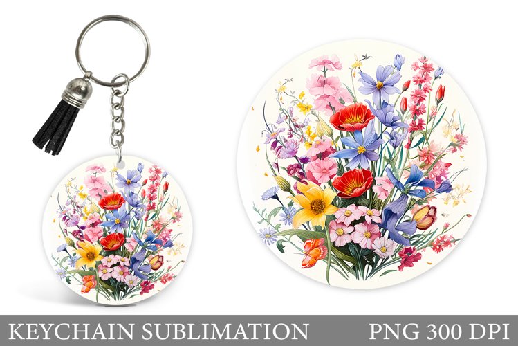 Flowers Keychain Design. Flowers Watercolor Round Keychain