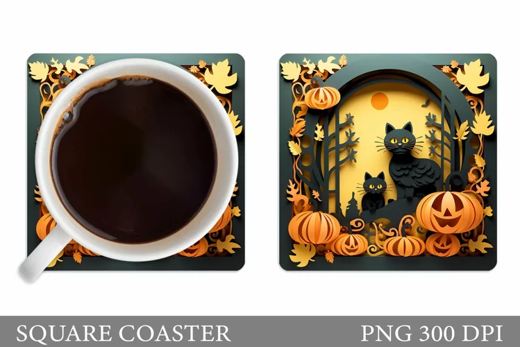 Black Cat Square Coaster. Halloween Cat Coaster Design